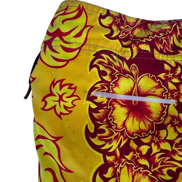 Quiksilver Sz 38 Hawaiian Swim Board Shorts Hibiscus Floral Yellow Orange - Picture 14 of 16